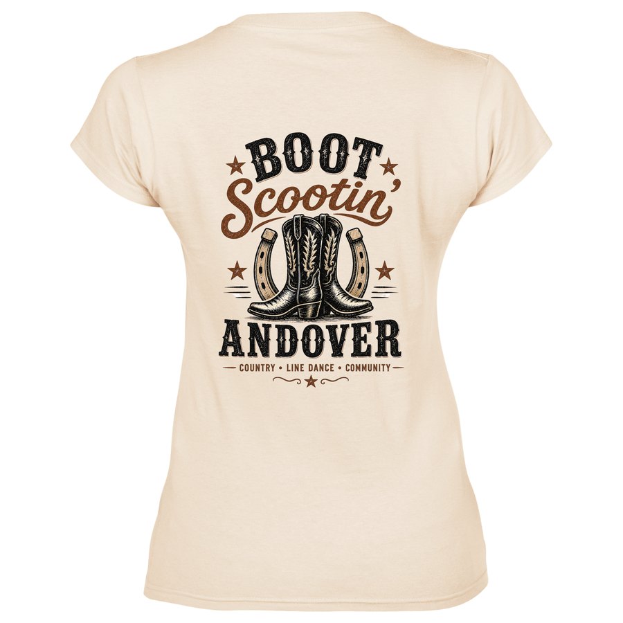 Cream Boot Scootin' Andover women's t-shirt with cowboy boots and horseshoe back print